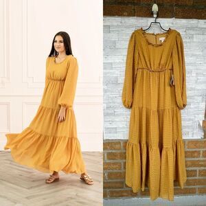 Rachel Parcell Mustard Yellow Ruffled Tiered Long Sleeve Maxi Dress Textured
